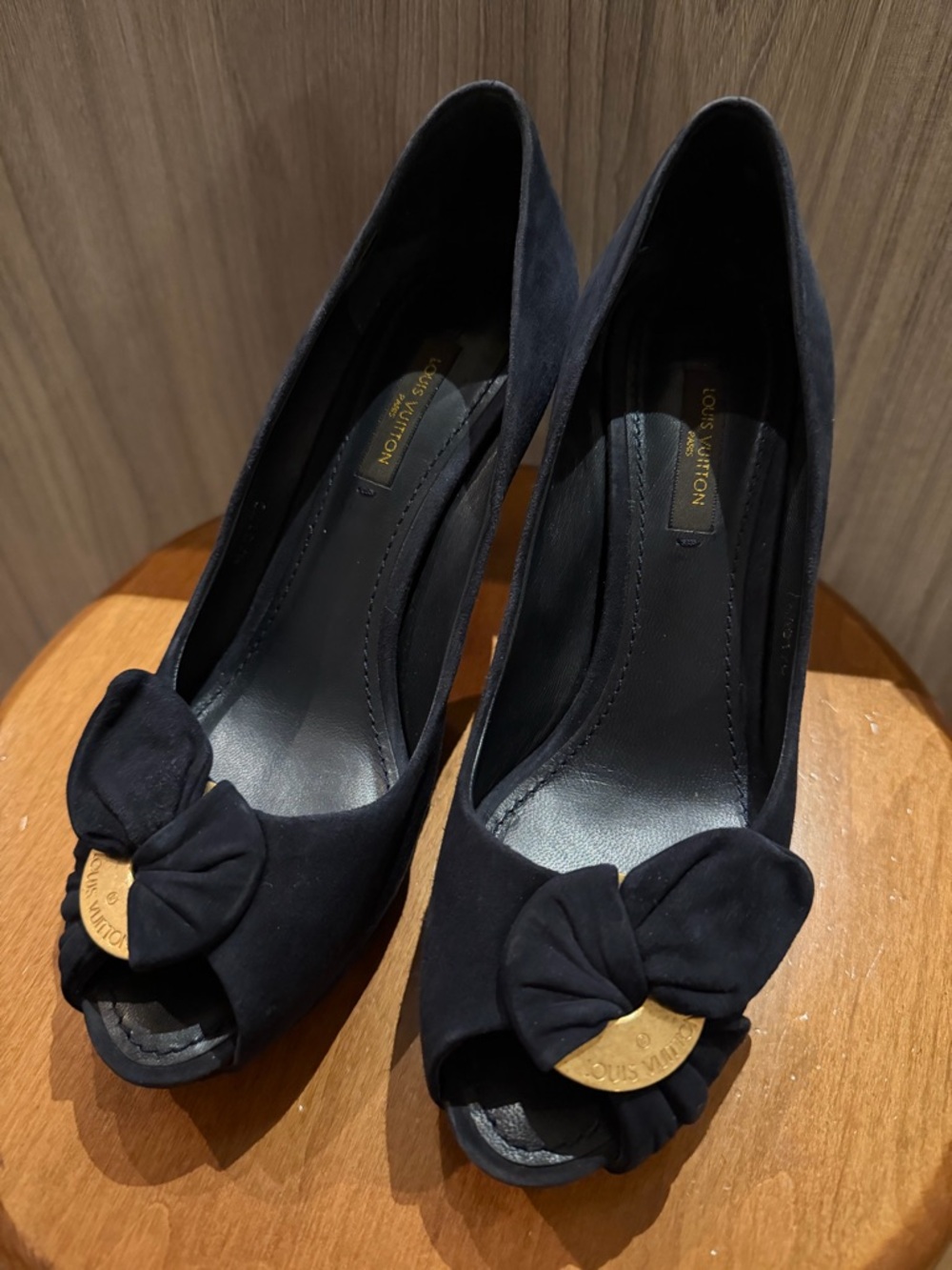 Vintage Louis Vuitton Black Suede Peep-Toe Heels with Bow Accent